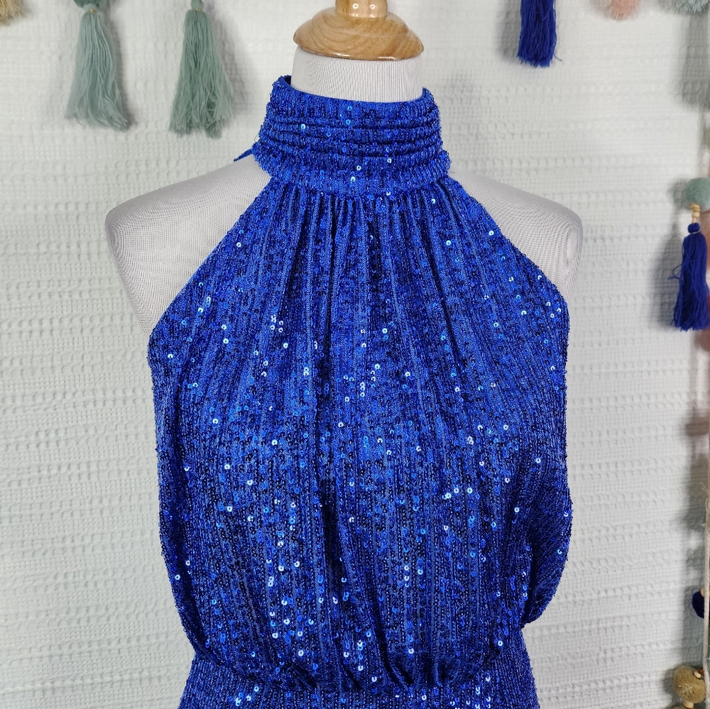 Eliza J Blue Sequin Halter Midi Dress - Picture 4 of 9